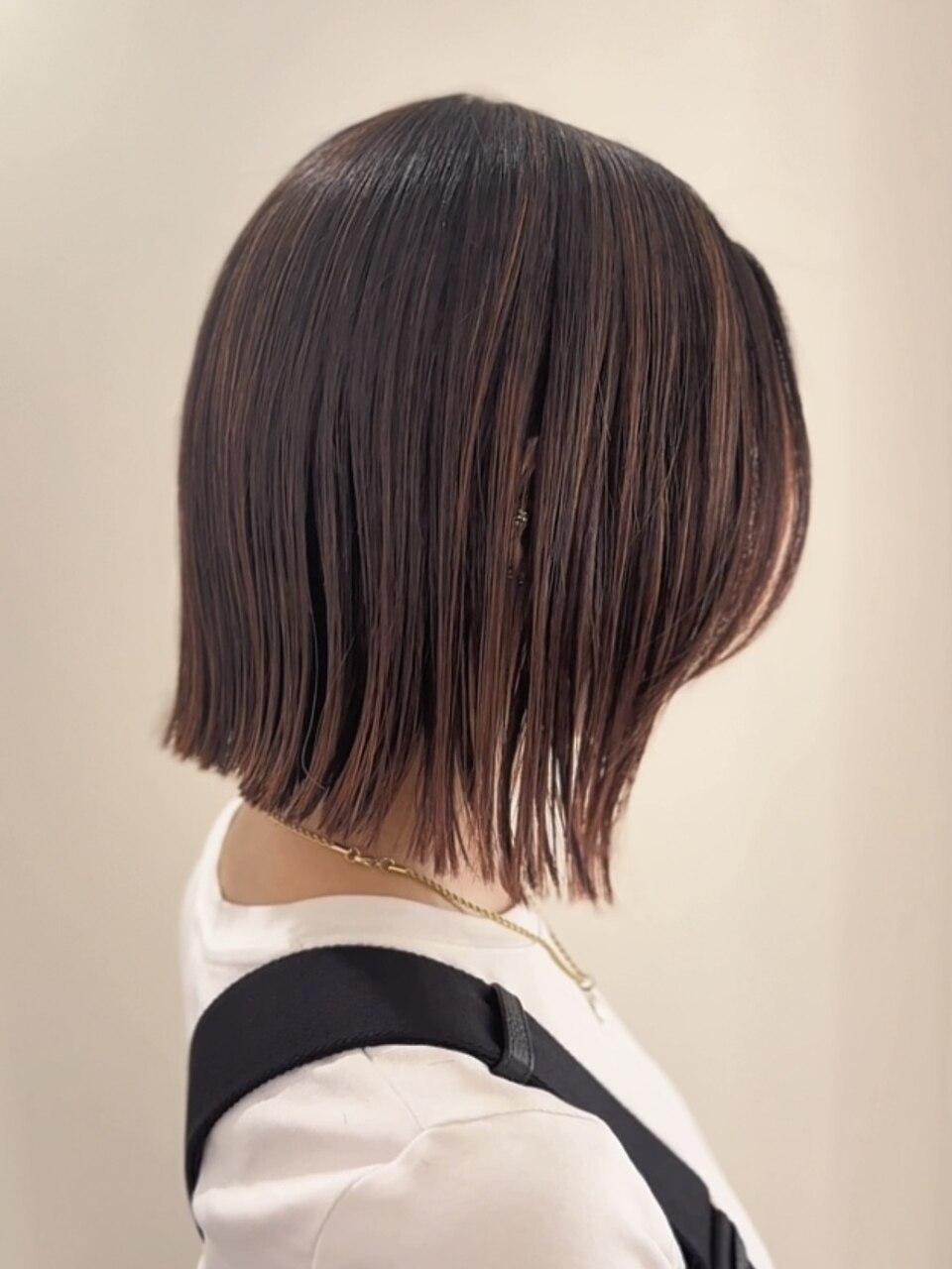 グラデーションカラーで毛先にかけて明るさを変えたストレートボブの後ろ姿