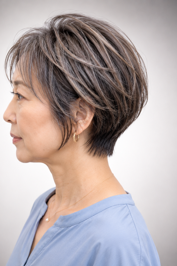 白髪ぼかしの色持ちを保った横顔ヘアスタイル