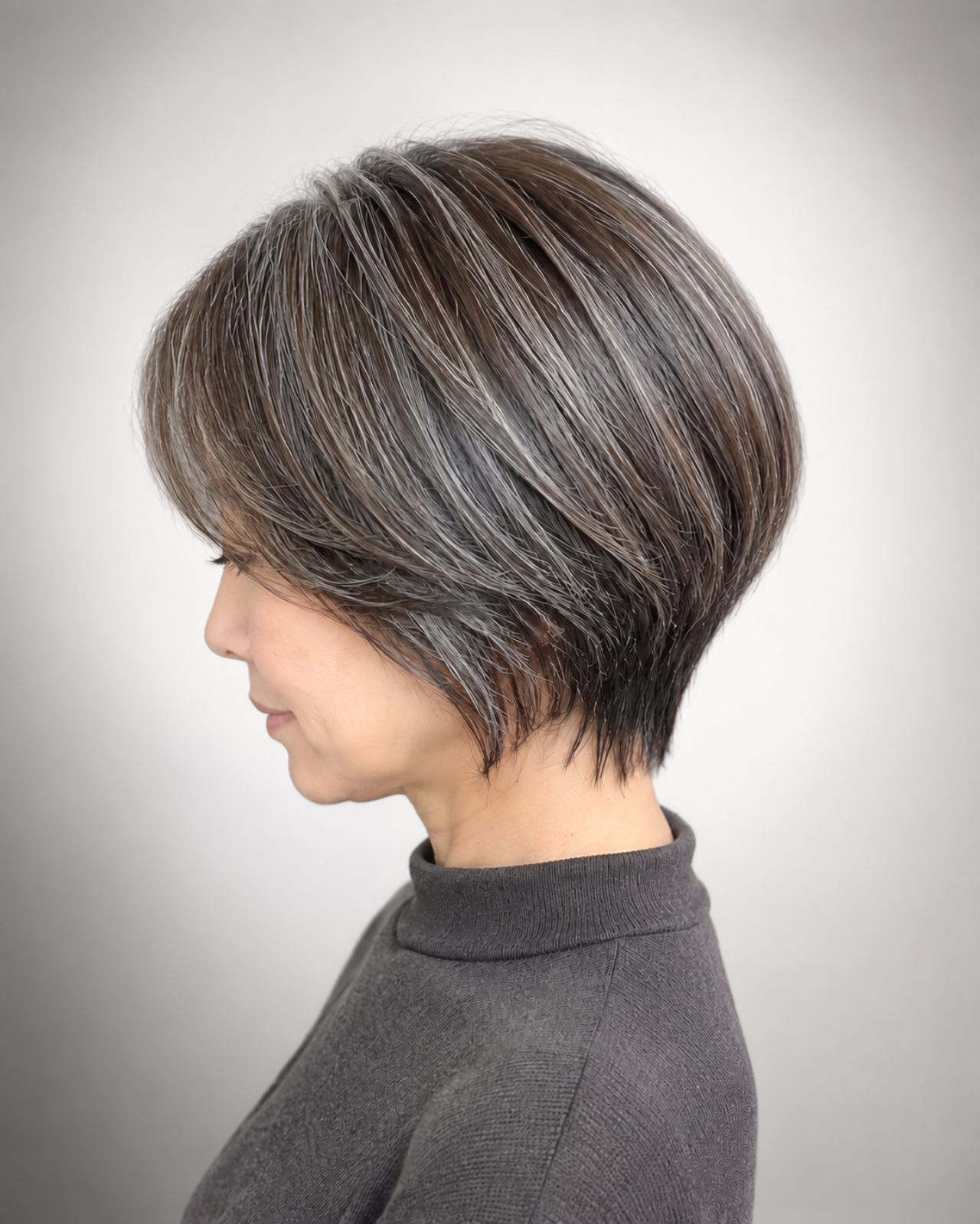 白髪ぼかしのハイライトが自然になじむショートヘアの後ろ姿