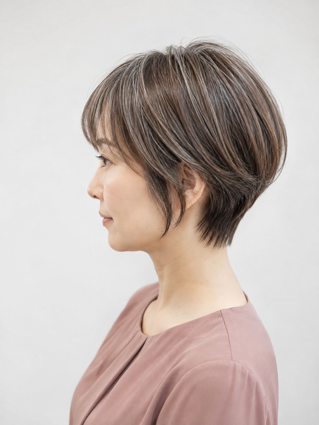 白髪ぼかしハイライトを入れたショートボブの横顔