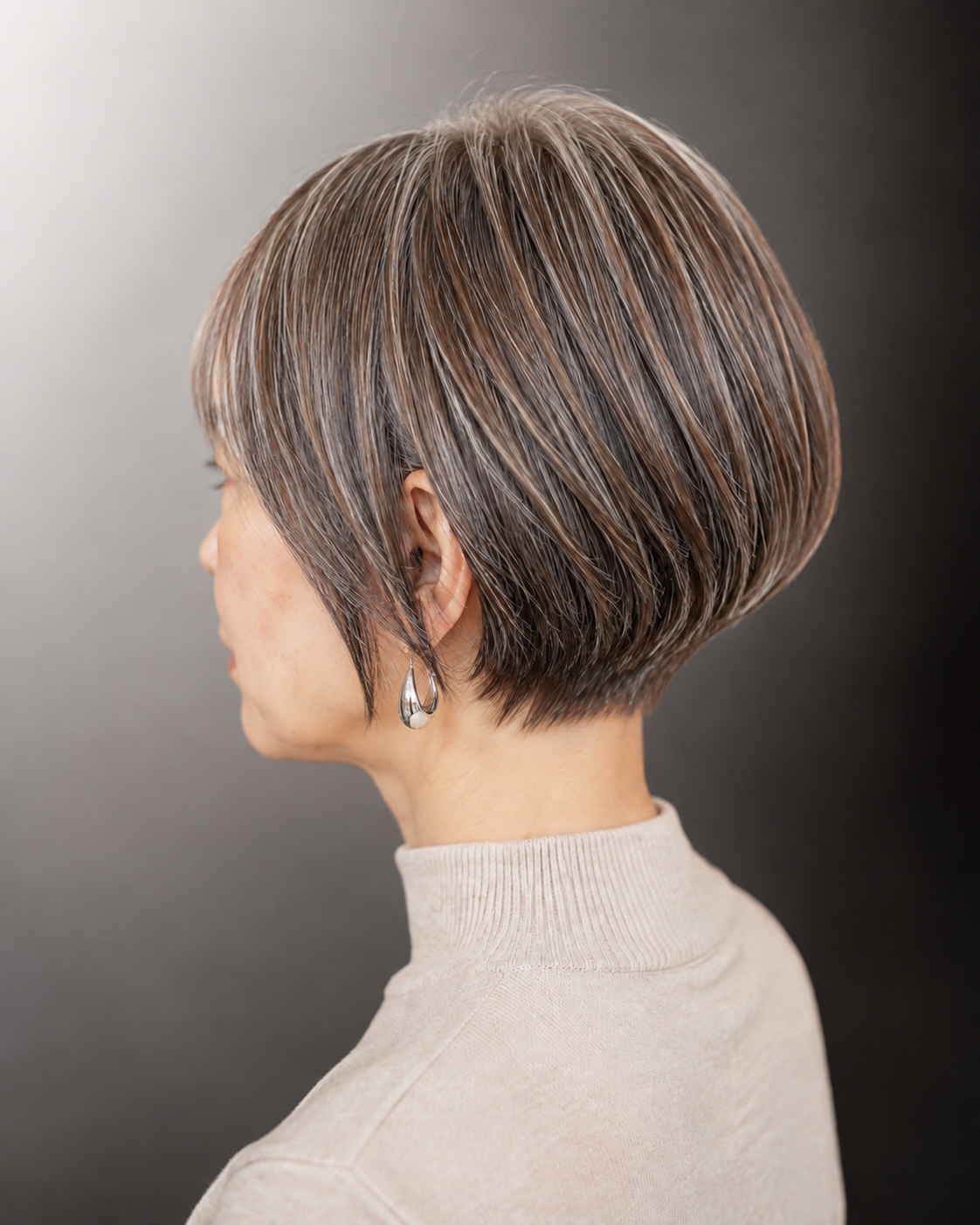 白髪ぼかしで整えた後ろ姿のヘアスタイル、敬老の日の贈り物イメージ