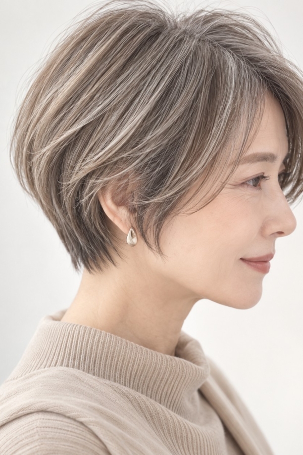 白髪ぼかしハイライトのショートスタイル 横顔